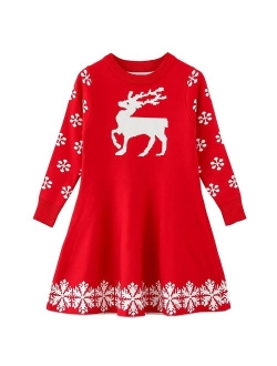 SMILING PINKER Little Girls Christmas Dress Reindeer Snowflake Xmas Gifts Winter Knit Sweater Dresses