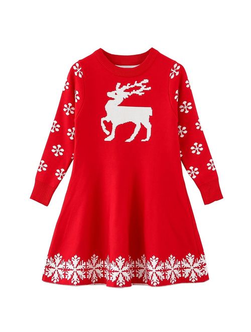 SMILING PINKER Little Girls Christmas Dress Reindeer Snowflake Xmas Gifts Winter Knit Sweater Dresses