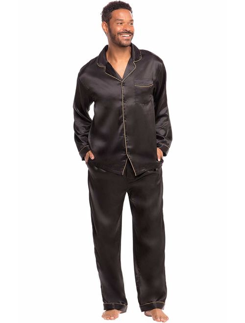 Alexander Del Rossa Men's Button Down Satin Pajama Set with Sleep Mask, Long Silky Pjs