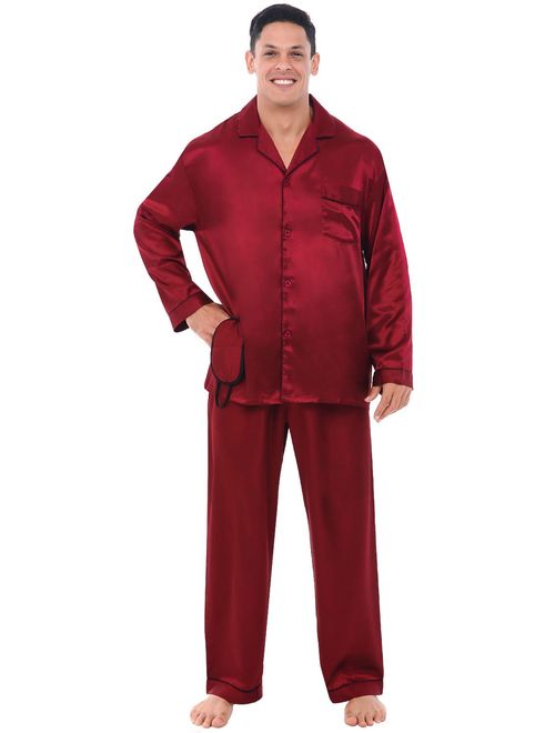 Alexander Del Rossa Men's Button Down Satin Pajama Set with Sleep Mask, Long Silky Pjs