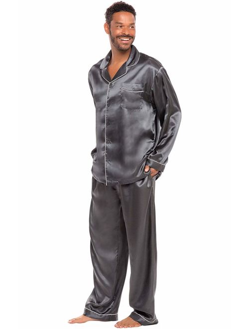 Alexander Del Rossa Men's Button Down Satin Pajama Set with Sleep Mask, Long Silky Pjs