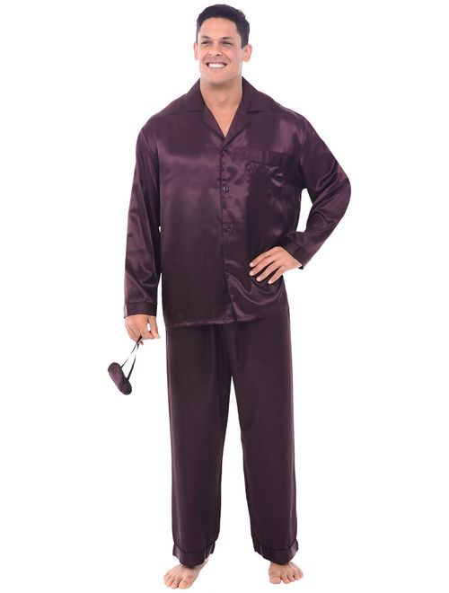 Alexander Del Rossa Men's Button Down Satin Pajama Set with Sleep Mask, Long Silky Pjs