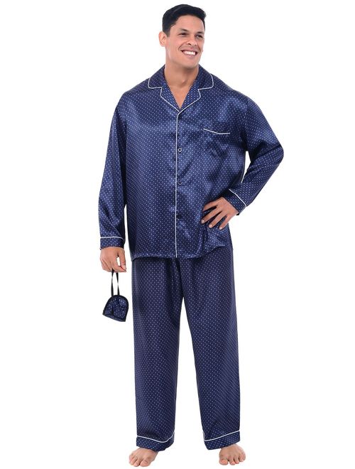 Alexander Del Rossa Men's Button Down Satin Pajama Set with Sleep Mask, Long Silky Pjs