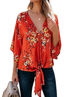 Farktop Women's Floral V Neck Tie Knot Front Blouses Bat Wing Short Sleeve Chiffon Tops Shirts