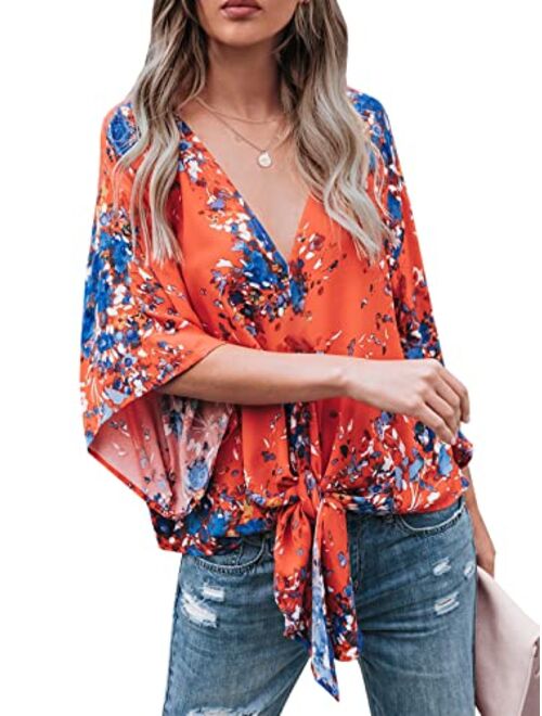 Farktop Women's Floral V Neck Tie Knot Front Blouses Bat Wing Short Sleeve Chiffon Tops Shirts