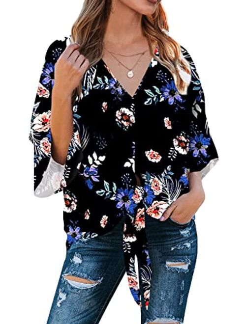 Farktop Women's Floral V Neck Tie Knot Front Blouses Bat Wing Short Sleeve Chiffon Tops Shirts