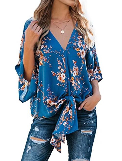 Farktop Women's Floral V Neck Tie Knot Front Blouses Bat Wing Short Sleeve Chiffon Tops Shirts