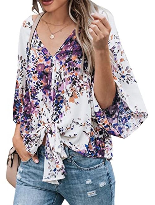 Farktop Women's Floral V Neck Tie Knot Front Blouses Bat Wing Short Sleeve Chiffon Tops Shirts