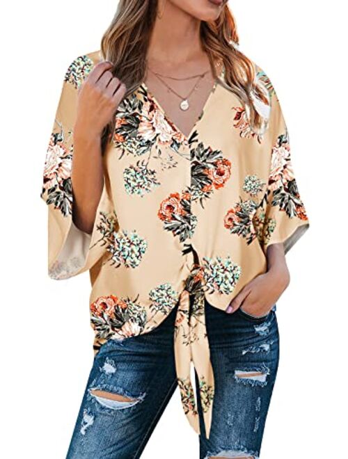 Farktop Women's Floral V Neck Tie Knot Front Blouses Bat Wing Short Sleeve Chiffon Tops Shirts