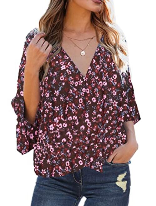 Farktop Women's Floral V Neck Tie Knot Front Blouses Bat Wing Short Sleeve Chiffon Tops Shirts