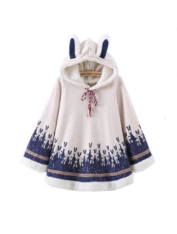 Autumn Winter Women Japanese Style Mori Girl Cute Cartoon Rabbit Ear Loose Hooded Cape Hoodies Cotton Casual Cloak Outerwear