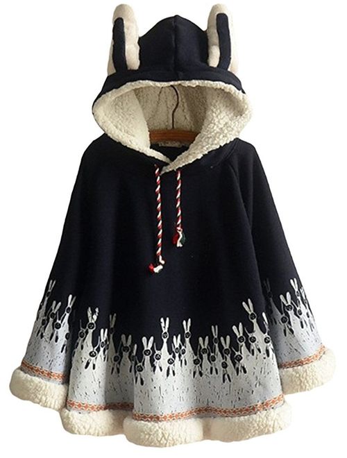 Autumn Winter Women Japanese Style Mori Girl Cute Cartoon Rabbit Ear Loose Hooded Cape Hoodies Cotton Casual Cloak Outerwear