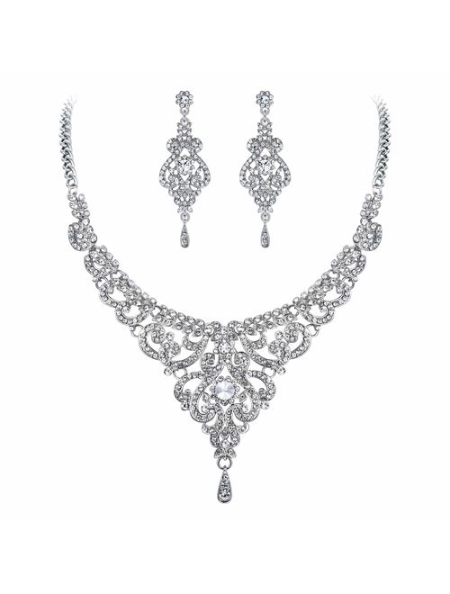 EVER FAITH Women's Austrian Crystal Art Deco Bridal Vase Flower Necklace Earrings Set