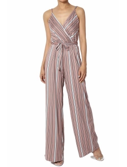 Sleeveless Striped Crossover V Neck Tie Open Back Wide Leg Jumpsuit