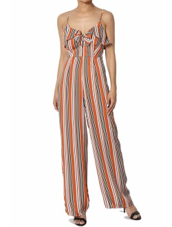 Sleeveless Striped Crossover V Neck Tie Open Back Wide Leg Jumpsuit