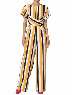 Sleeveless Striped Crossover V Neck Tie Open Back Wide Leg Jumpsuit