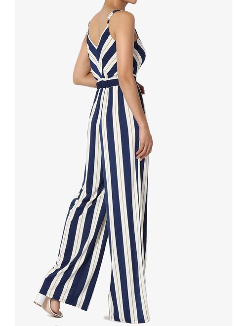 TheMogan Sleeveless Striped Crossover V Neck Tie Open Back Wide Leg Jumpsuit