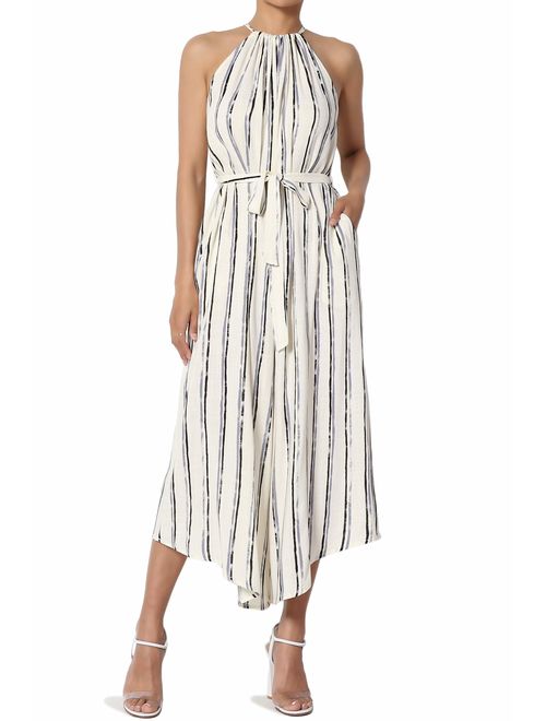 TheMogan Sleeveless Striped Crossover V Neck Tie Open Back Wide Leg Jumpsuit