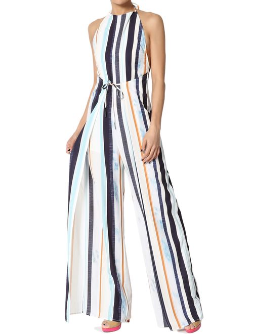 TheMogan Sleeveless Striped Crossover V Neck Tie Open Back Wide Leg Jumpsuit