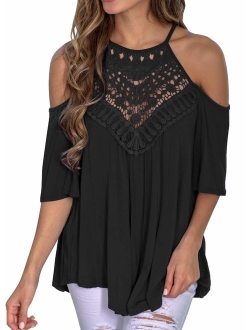 MIHOLL Women's Casual Tops Lace Off Shoulder Long Sleeve Loose Blouse Shirts