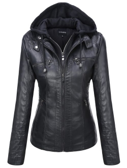 Tanming Women's Removable Hooded Faux Leather Jackets