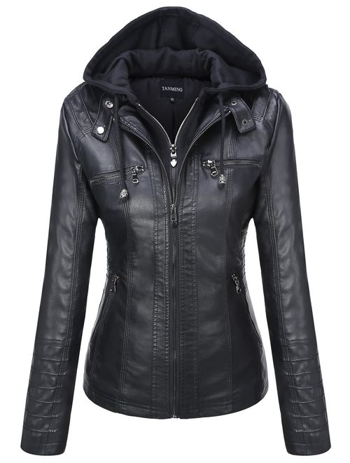 Tanming Women's Removable Hooded Faux Leather Jackets