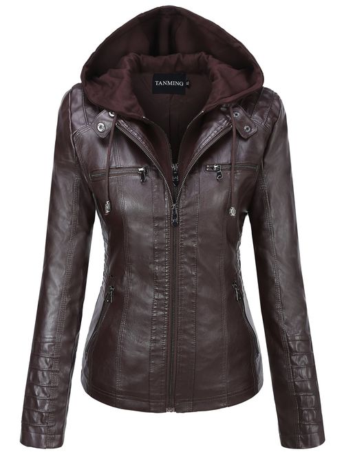 Tanming Women's Removable Hooded Faux Leather Jackets