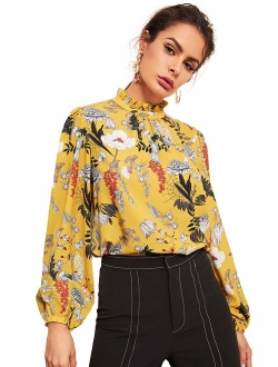 Women's Floral Print High Neck Puff Long Sleeve Chiffon Blouse