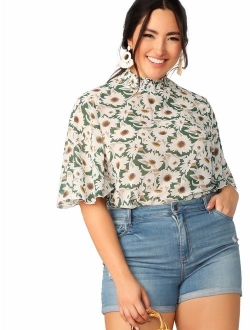 Women's Floral Print High Neck Puff Long Sleeve Chiffon Blouse