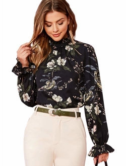 Women's Floral Print High Neck Puff Long Sleeve Chiffon Blouse