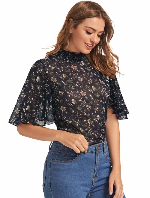 Floerns Women's Floral Print High Neck Puff Long Sleeve Chiffon Blouse