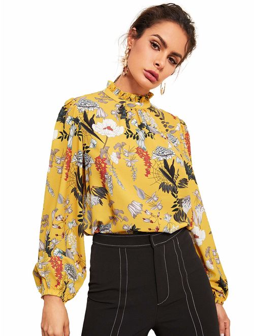 Floerns Women's Floral Print High Neck Puff Long Sleeve Chiffon Blouse