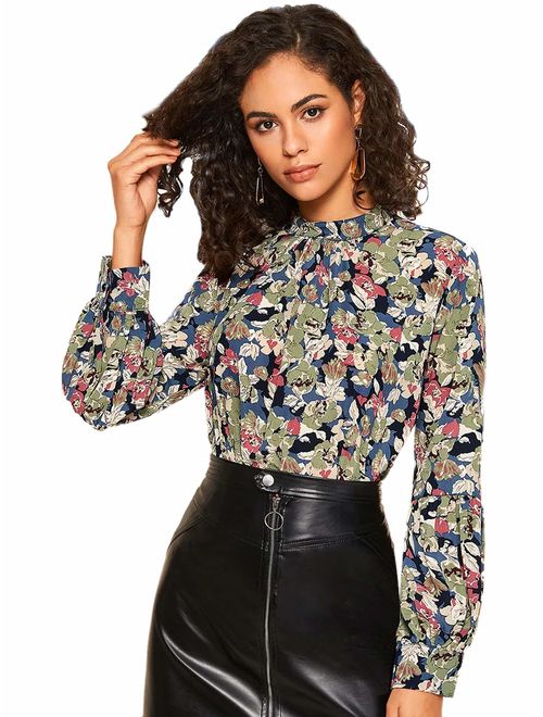 Floerns Women's Floral Print High Neck Puff Long Sleeve Chiffon Blouse