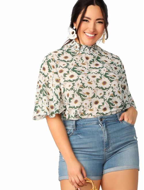 Floerns Women's Floral Print High Neck Puff Long Sleeve Chiffon Blouse