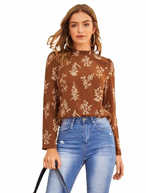 Floerns Women's Floral Print High Neck Puff Long Sleeve Chiffon Blouse