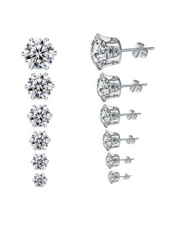 YAN & LEI Hypoallergenic Surgical Stainless Steel Round Clear Cubic Zirconia Ear Stud Earrings for Women 6 Pairs Set in 3,4,5,6,7,8 mm