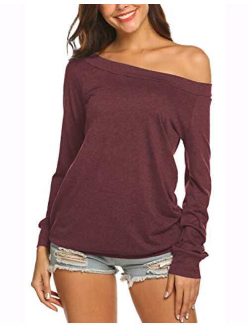 Newchoice Women's Off The Shoulder T-Shirt Casual Long Sleeve Boat Neck Blouse Tops