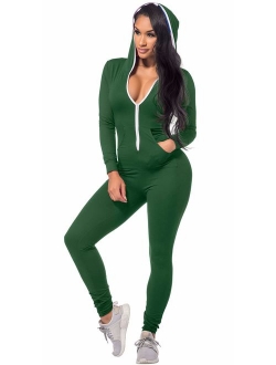 CoolooC Jumpsuits for Women Hoodie Long Sleeve Bodycon Black Jumpsuits Sexy Onesies Romper Bodysuits Outfits Red