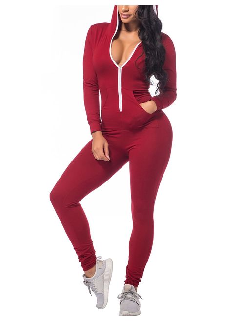 CoolooC Jumpsuits for Women Hoodie Long Sleeve Bodycon Black Jumpsuits Sexy Onesies Romper Bodysuits Outfits Red