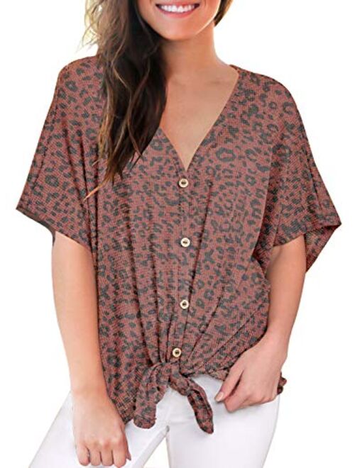 MIHOLL Womens Loose Blouse Short Sleeve V Neck Button Down T Shirts Tie Front Knot