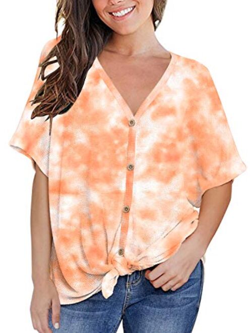 MIHOLL Womens Loose Blouse Short Sleeve V Neck Button Down T Shirts Tie Front Knot