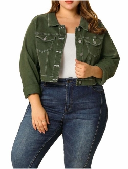 uxcell Women's Plus Size Button Closed Cropped Denim Jacket