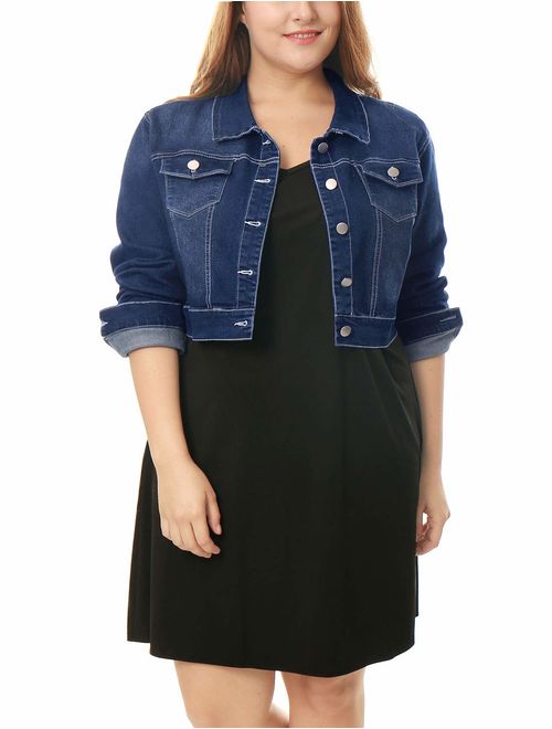 uxcell Women's Plus Size Button Closed Cropped Denim Jacket