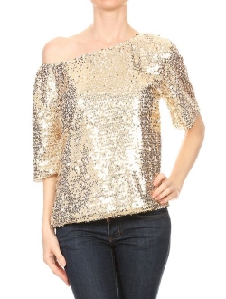 ANNA-KACI Womens Short Sleeve One Shoulder Sexy Sequin Top Blouse