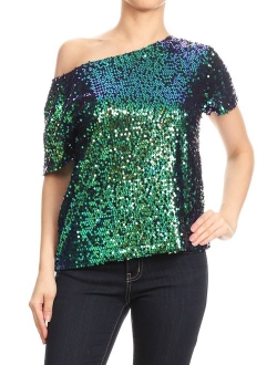 ANNA-KACI Womens Short Sleeve One Shoulder Sexy Sequin Top Blouse