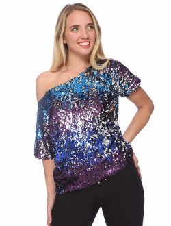 ANNA-KACI Womens Short Sleeve One Shoulder Sexy Sequin Top Blouse