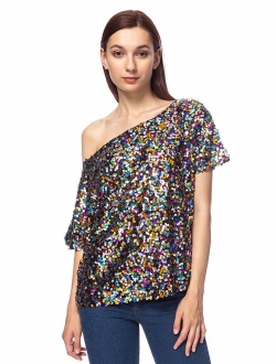 ANNA-KACI Womens Short Sleeve One Shoulder Sexy Sequin Top Blouse