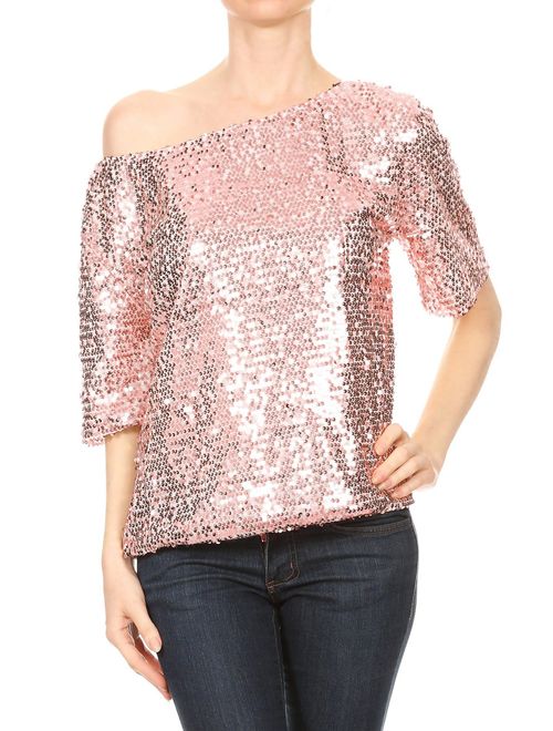 Anna Kaci ANNA-KACI Womens Short Sleeve One Shoulder Sexy Sequin Top Blouse