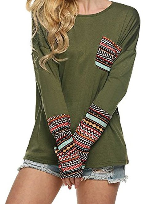 POGTMM Women's Long Sleeve Tops O-Neck Patchwork Casual Loose T-Shirts Blouse Tunic Tops with Thumb Holes