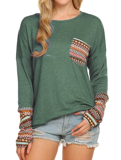 POGTMM Women's Long Sleeve Tops O-Neck Patchwork Casual Loose T-Shirts Blouse Tunic Tops with Thumb Holes